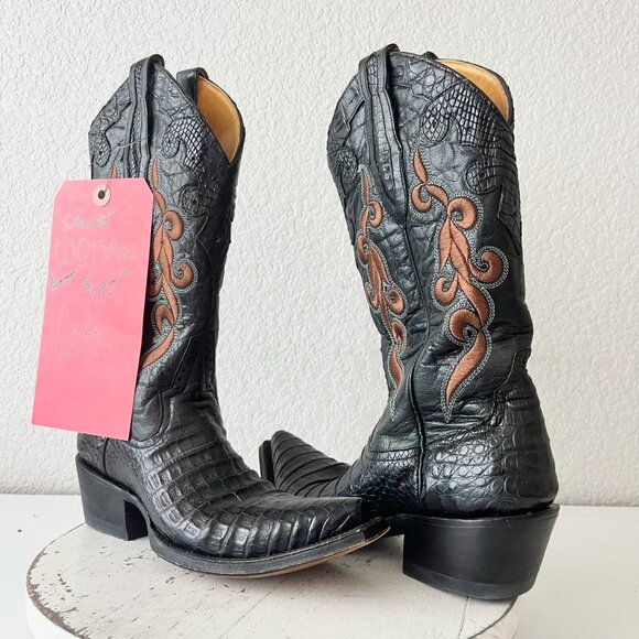 Rod Patrick Womens Cowboy Boots 6A Black Caiman Western Cowgirl Tall Pointed Toe - Picture 1 of 12